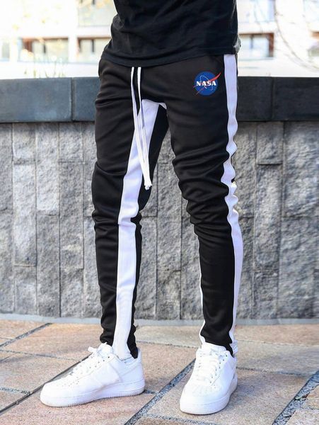 men contrast side seam letter graphic drawstring waist pants z77c#, Black