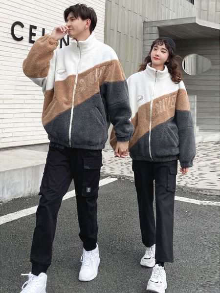 main love winter couple's wear 2020 new loose color contrast stitching thickened lambskin jacket men's and women's coats, Black
main love winter couple's wear 2020 new loose color contrast stitching thickened lambskin jacket men's and women's coats, Black