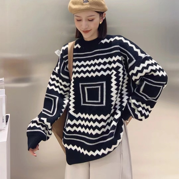 european station autumn and winter european goods heavy industry wave back pattern loose lazy pullover sweater sweater wome, White;black
european station autumn and winter european goods heavy industry wave back pattern loose lazy pullover sweater sweater wome, White;black