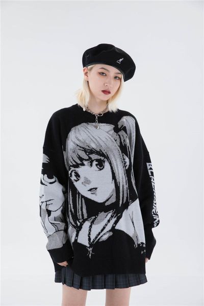 japanese style anime girl streetwear harajuku vintage retro knitted pullover sweater, White;black
japanese style anime girl streetwear harajuku vintage retro knitted pullover sweater, White;black