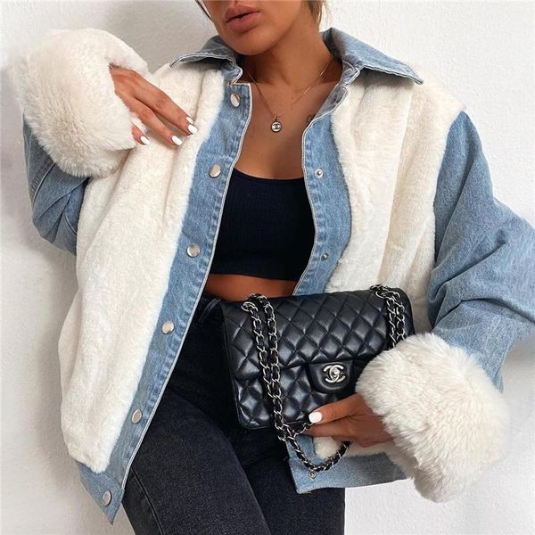 spring fall 2021 women plush denim jacket winter adults long sleeve lapel patchwork outerwear winter outewear, Black;brown
spring fall 2021 women plush denim jacket winter adults long sleeve lapel patchwork outerwear winter outewear, Black;brown