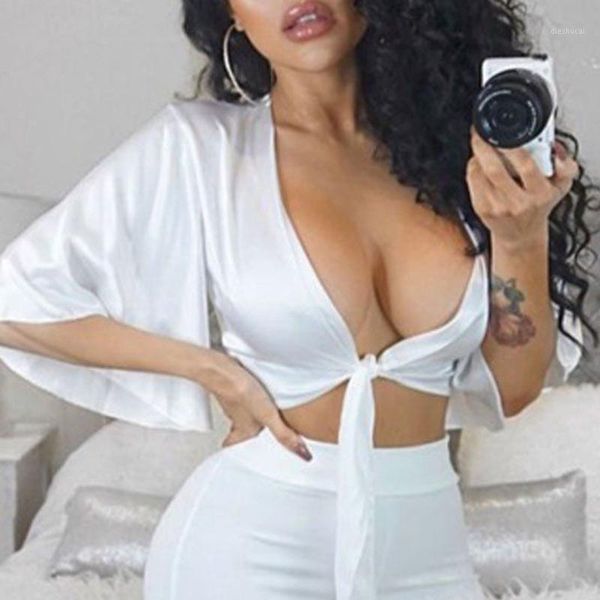 women ladies satin tie knot front flared short sleeve shirt plunge neck crop, White
women ladies satin tie knot front flared short sleeve shirt plunge neck crop, White