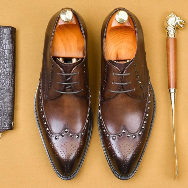 summer genuine leather formal studded wingtip brogues shoes pointed toe men's rivets breathable wedding party oxfords as222, Black
summer genuine leather formal studded wingtip brogues shoes pointed toe men's rivets breathable wedding party oxfords as222, Black