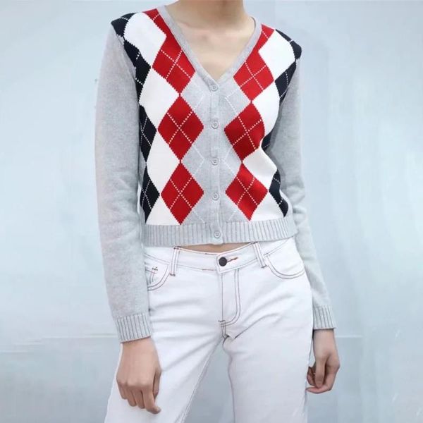 women's knits & tees slim girl diamond plaid short sweaters 2021 fashion ladies elegant cardigan casual female sweet knitwear cute wome, White
women's knits & tees slim girl diamond plaid short sweaters 2021 fashion ladies elegant cardigan casual female sweet knitwear cute wome, White