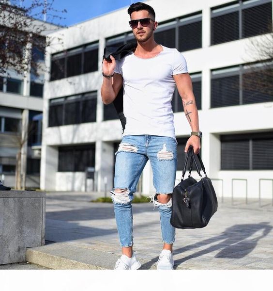 hirigin fashion men jeans men's ripped skinny biker jeans destroyed frayed slim fit denim pants biker jean, Blue