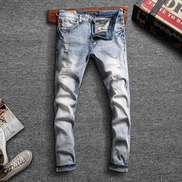 korean style fashion men jeans light blue elastic slim fit ripped denim pants patchwork designer hip hop trousers1
korean style fashion men jeans light blue elastic slim fit ripped denim pants patchwork designer hip hop trousers1