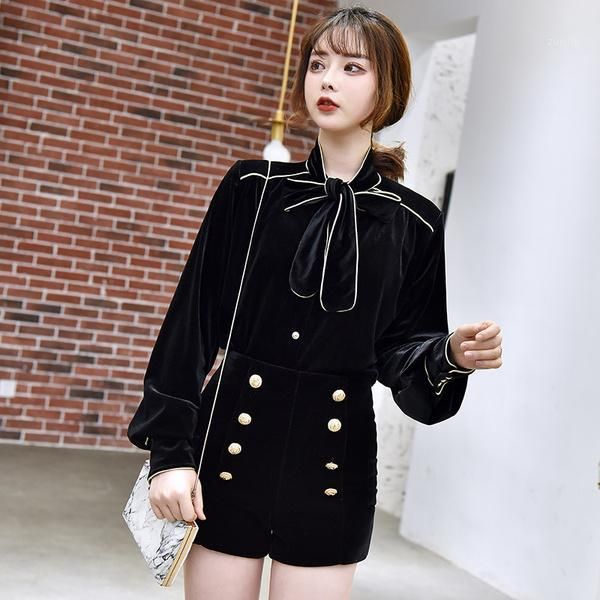 2019 spring new women set bow-neck long-sleeved velvet + high-waist double-breasted a-line shorts pants suits1, White
2019 spring new women set bow-neck long-sleeved velvet + high-waist double-breasted a-line shorts pants suits1, White