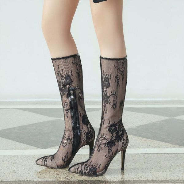 plus size 48 new fashion women knee high boots high heel zipper lace mesh boots summer cool breathable women's shoes1, Black
