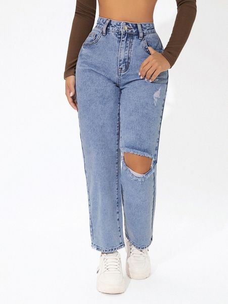 petite high waist ripped straight leg jeans r6jp#, Blue