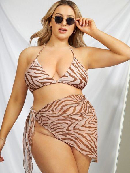 3pack plus zebra stripe halter bikini swimsuit & beach skirt w3pc#, Black 
3pack plus zebra stripe halter bikini swimsuit & beach skirt w3pc#, Black