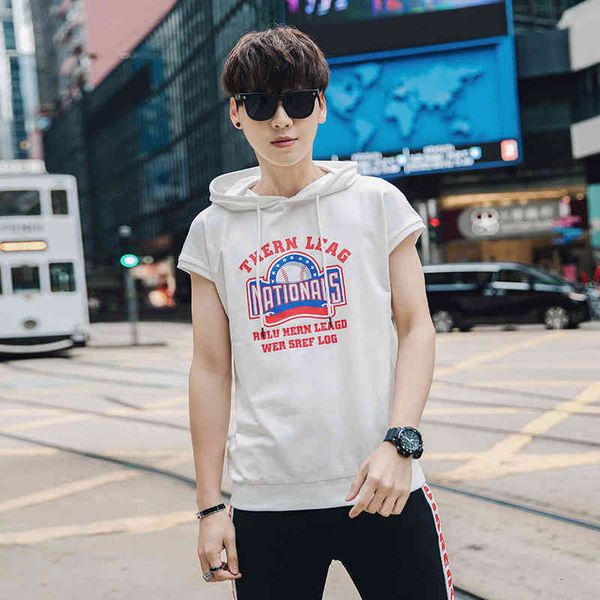 men's t shirt 2021 summer short sleeved hoodie trend loose casual shoulder sleeveless, White;black
men's t shirt 2021 summer short sleeved hoodie trend loose casual shoulder sleeveless, White;black