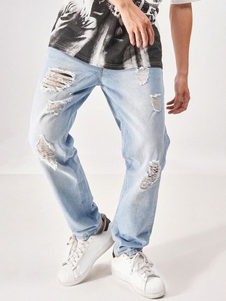 men ripped bleach wash straight leg jeans r1jh#, Blue