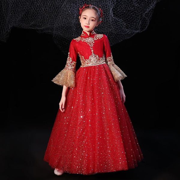 girl's dresses flower girl illusion luxury vintage princess sequined ball gown embroidery high full lace tulle kids party dress h016, Red;yellow
girl's dresses flower girl illusion luxury vintage princess sequined ball gown embroidery high full lace tulle kids party dress h016, Red;yellow