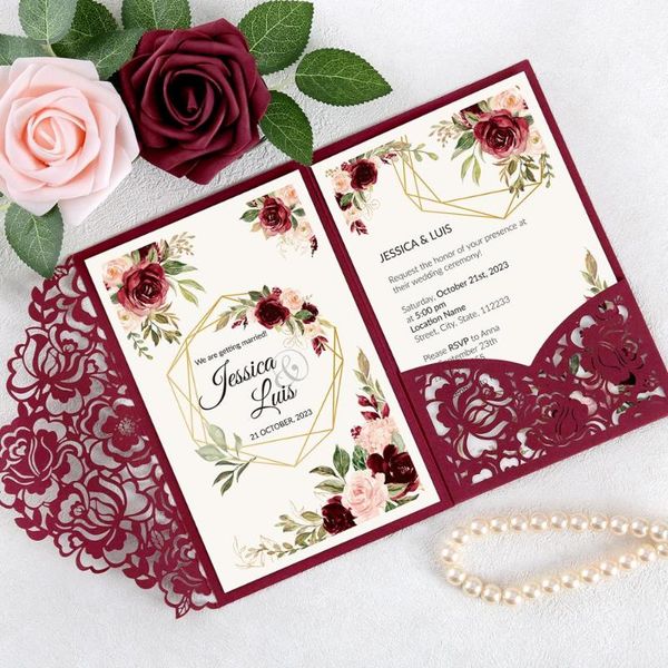 100pcs custom burgundy color wedding invitations laser cut flower invitation pocket with envelope
100pcs custom burgundy color wedding invitations laser cut flower invitation pocket with envelope