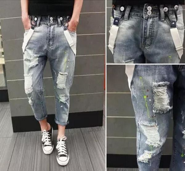 men's jeans 2021 men's clothing british personality suspenders slim hole ankle length trousers harem pants bib singer costumes1, Blue
men's jeans 2021 men's clothing british personality suspenders slim hole ankle length trousers harem pants bib singer costumes1, Blue