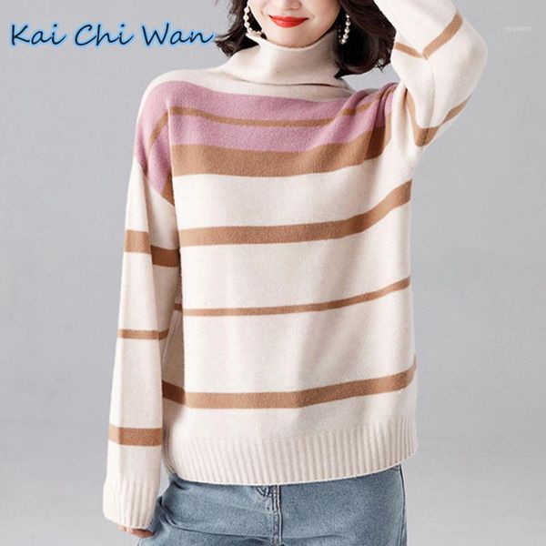 kai chi wan sweater autumn and winter new korean version inside bottom layer slouchy high neck knit stripe, White;black