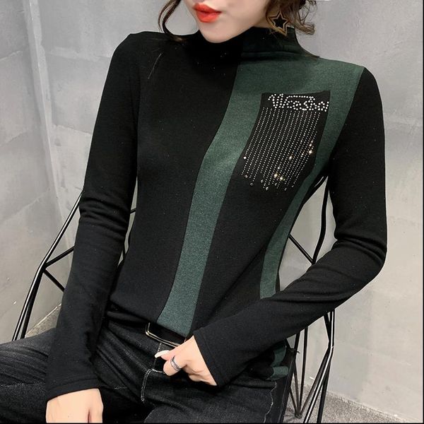 fashion european clothes shiny tees color blocking diamonds t shirt women 2021 autumn winter bottoming shirt t9n713, White 
fashion european clothes shiny tees color blocking diamonds t shirt women 2021 autumn winter bottoming shirt t9n713, White