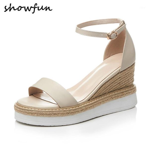 sandals women's genuine leather wedge platform ankle strap open toe summer elegant ladies bohemia style high heel shoes 1, Black