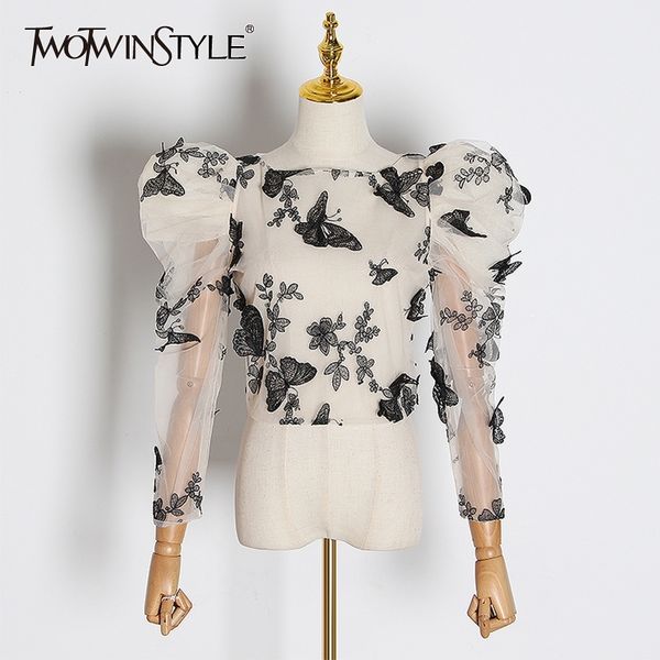 twotwinstyle embroidery butterfly mesh shirt women o neck puff sleeve perspective blouse female fashion tide y200402, White
twotwinstyle embroidery butterfly mesh shirt women o neck puff sleeve perspective blouse female fashion tide y200402, White