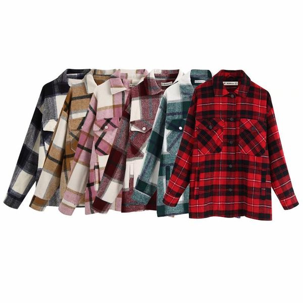 women's blouses & shirts long sleeve lapel woolen plaid blouse shirt coat, White