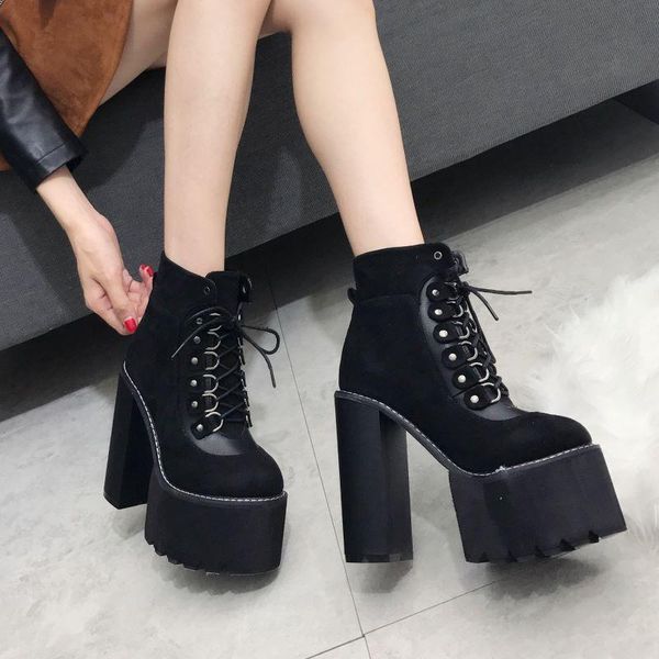 fashionable high-heeled short boots knight round head waterproof platform thick bottom thick heel lace-up nightclub shoes, Black 
fashionable high-heeled short boots knight round head waterproof platform thick bottom thick heel lace-up nightclub shoes, Black