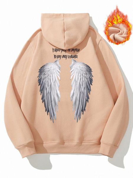 men wings & slogan graphic drawstring thermal lined hoodie h66g#, Black