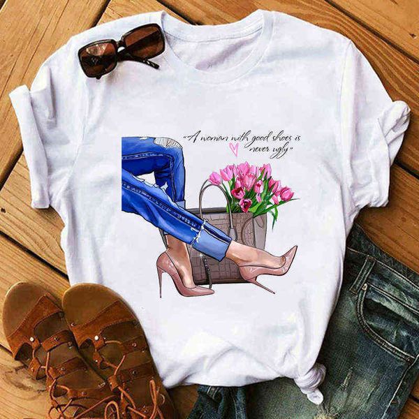 women's t-shirt fashion red lipped high heel's printed t-shirt, White
women's t-shirt fashion red lipped high heel's printed t-shirt, White