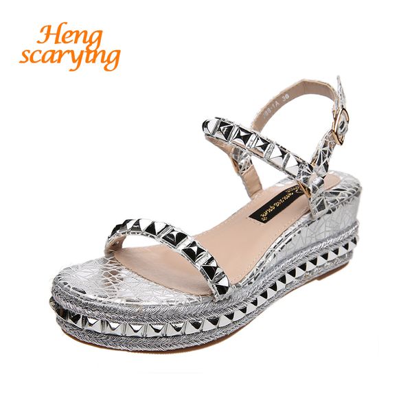 women sandals 2019 summer designer casual gold silver high heels wedges studded sandals glitter open toe heels rivets sandals t200226, Black
women sandals 2019 summer designer casual gold silver high heels wedges studded sandals glitter open toe heels rivets sandals t200226, Black