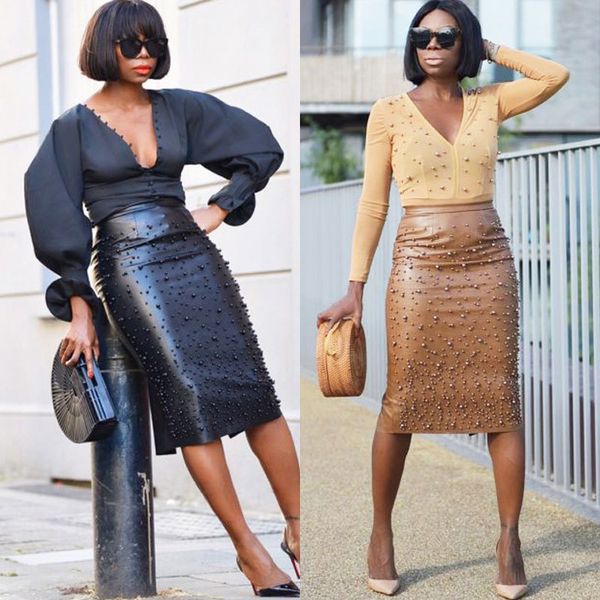 bkld women pu leather pencil skirt high waist elegant office ladies work wear pearl beading embellished split midi skirts y200910, Black
bkld women pu leather pencil skirt high waist elegant office ladies work wear pearl beading embellished split midi skirts y200910, Black
