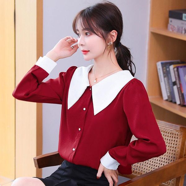 2021 new spring autumn elegant women shirt long sleeve stitching doll collar korean style loose blouse blusas y357, White
2021 new spring autumn elegant women shirt long sleeve stitching doll collar korean style loose blouse blusas y357, White