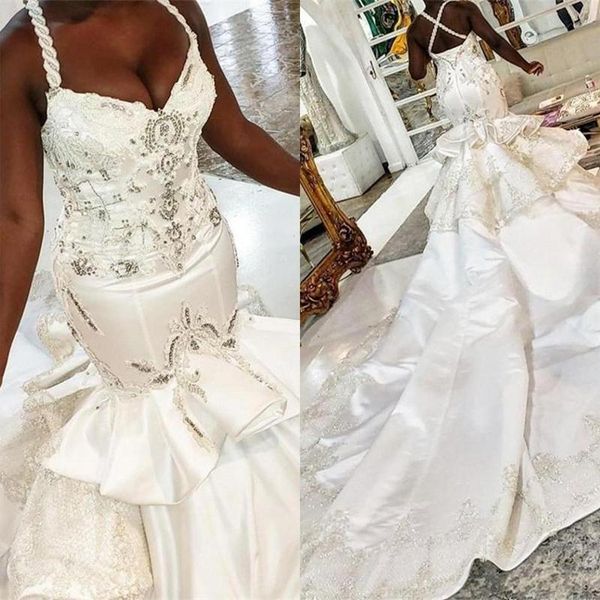 african plus size mermaid wedding dresses vestido de novia 2021 satin ruffles cathedral train lace crystal luxury wedding gowns, White
african plus size mermaid wedding dresses vestido de novia 2021 satin ruffles cathedral train lace crystal luxury wedding gowns, White