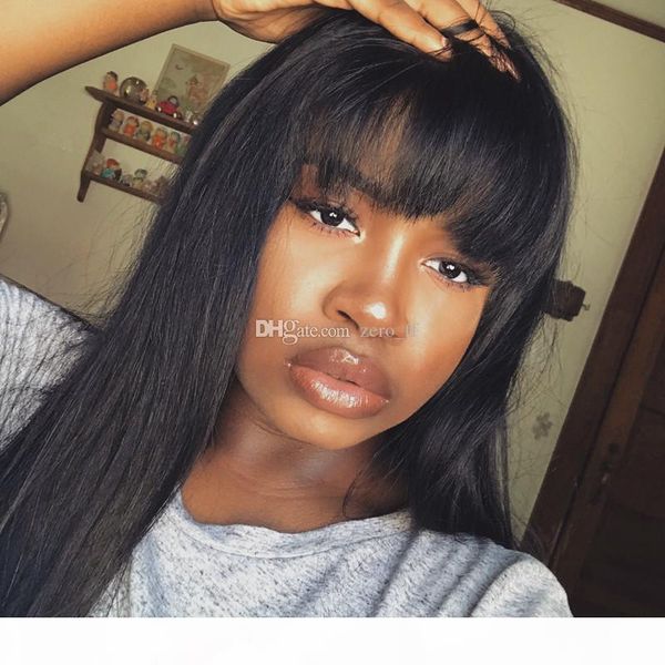 natural straight glueless full lace human hair wigs peruvian virgin hair lace front wigs with bangs for black women, Black;brown 
natural straight glueless full lace human hair wigs peruvian virgin hair lace front wigs with bangs for black women, Black;brown