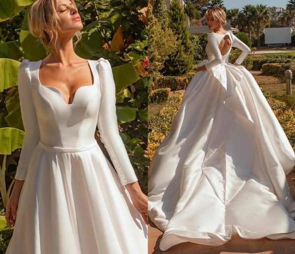 modern africa wedding dress new 2022 long sleeves satin princess bride dresses queen anna neck backless bridal gowns vestidos de noiva robe, White