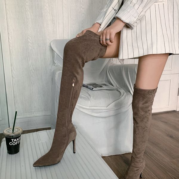 2021 new flock stretch over the knee thin high heel zipper women boots autumn winter pointed toe ladies shoes size 34-43 3mtg, Black 
2021 new flock stretch over the knee thin high heel zipper women boots autumn winter pointed toe ladies shoes size 34-43 3mtg, Black