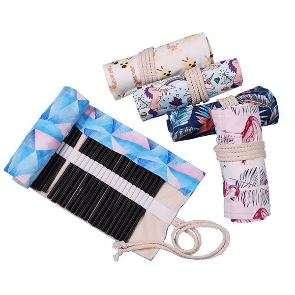 

kawaii 36 48 72 holes pencil case canvas makeup cosmetic pen wrap roll art bag pouch storage stationery student school supplies