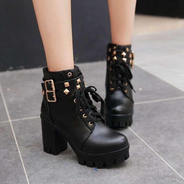 boots pxelena punk gothic rivet motorycle women vintage square chunky block high heels ankle lady shoes platform buckle, Black 
boots pxelena punk gothic rivet motorycle women vintage square chunky block high heels ankle lady shoes platform buckle, Black