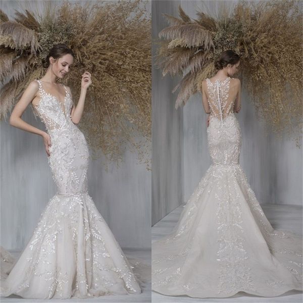 floral mermaid wedding dresses sleeveless appliqued lace chic beach ruched bridal gown champagne sweep train vestidos de novia, White
floral mermaid wedding dresses sleeveless appliqued lace chic beach ruched bridal gown champagne sweep train vestidos de novia, White