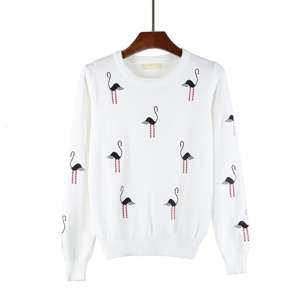 2021 new white crane embroidery sweater round neck fashion pullover loose casual long-sleeved bottoming women clothing sths, White;black