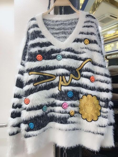 europe 2020 winter new fashion sequin sweater thailand popular logo v neck long sleeve sweater women, White;black