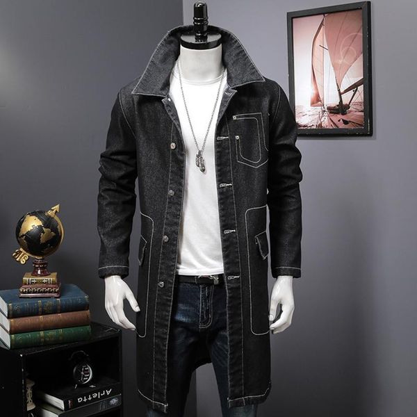 mens fashion long denim trench coat slim fit korean pockets black h1, Tan;black