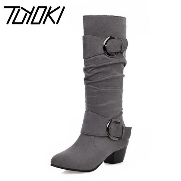 tuyoki women mid calf boots european style winter warm shoes for women metal buckle casual folds high heel footwear size 34-43, Black