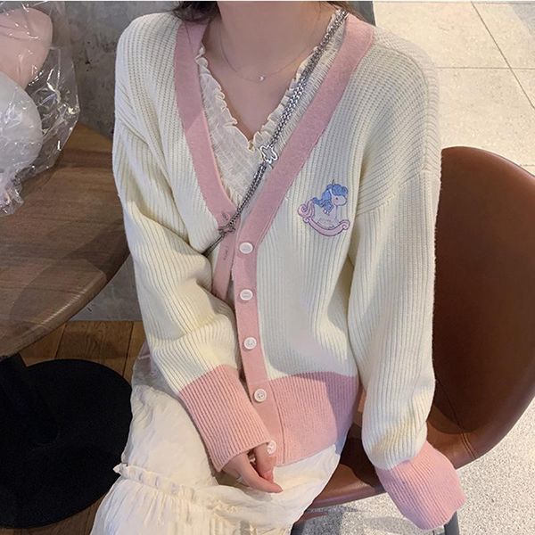 women's knits & tees v neck long sleeve single breast cardigans sweater women preppy style contrast color patch elegant pull femme coat, White
women's knits & tees v neck long sleeve single breast cardigans sweater women preppy style contrast color patch elegant pull femme coat, White