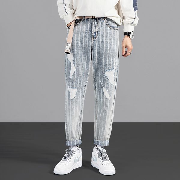 2021 new japanese vintage fashion men jeans retro light blue stripe ripped denim trousers streetwear designer patchwork harem pants homme e6
2021 new japanese vintage fashion men jeans retro light blue stripe ripped denim trousers streetwear designer patchwork harem pants homme e6