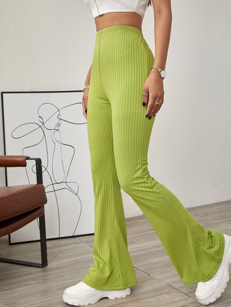 solid ribbed flared leg pants i7o0#, Black;white