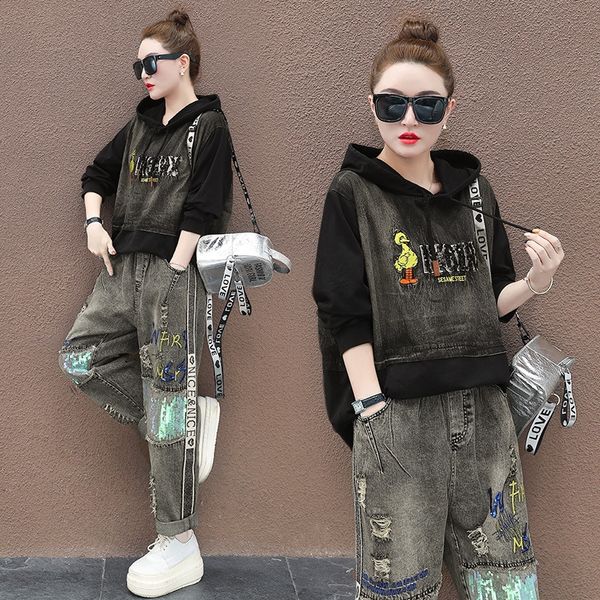 large size denim suit women spring and autumn sweater sweater 2020 new korean loose fat mm fashion hole breaking two piece set bwccu, Gray
large size denim suit women spring and autumn sweater sweater 2020 new korean loose fat mm fashion hole breaking two piece set bwccu, Gray