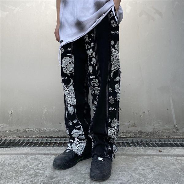 men vintage pattern print straight jeans trousers male ragged design streetwear hip hop denim pants, Blue
men vintage pattern print straight jeans trousers male ragged design streetwear hip hop denim pants, Blue