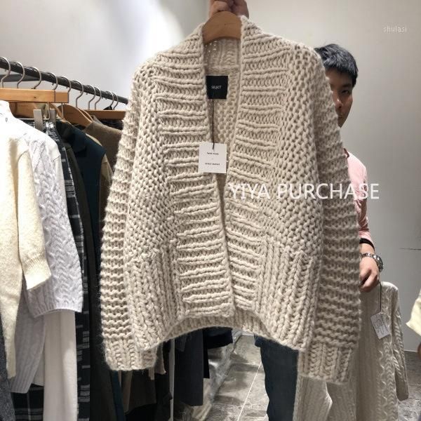 2021 new lazy cardigan pure hand-knit sweater women coat women1, White