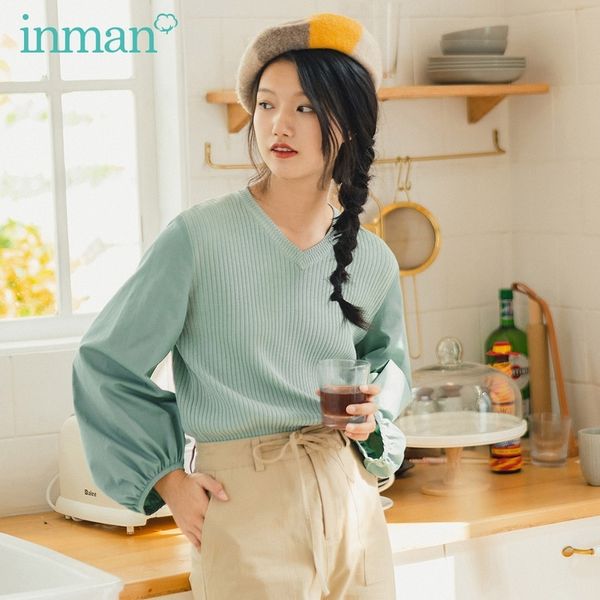 inman spring new arrival literary style v collar patched work france style puff long sleeve knitwear sweater y200910, White;black
inman spring new arrival literary style v collar patched work france style puff long sleeve knitwear sweater y200910, White;black