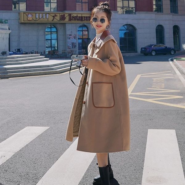 korean version loose small navy collar women's middle long autumn and winter new thickened camel woolen coat, Black
korean version loose small navy collar women's middle long autumn and winter new thickened camel woolen coat, Black
