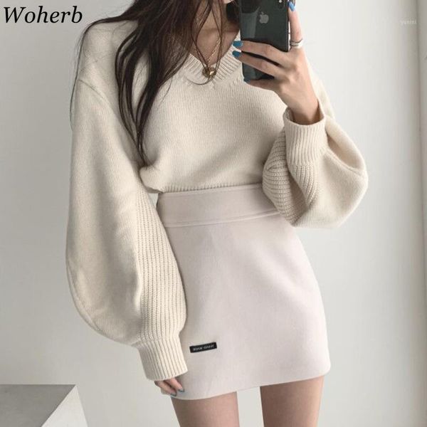 woherb elegant lantern sleeve v-neck sweater women korean split side loose pullover back bandage knitted jumper korean1, White;black
woherb elegant lantern sleeve v-neck sweater women korean split side loose pullover back bandage knitted jumper korean1, White;black